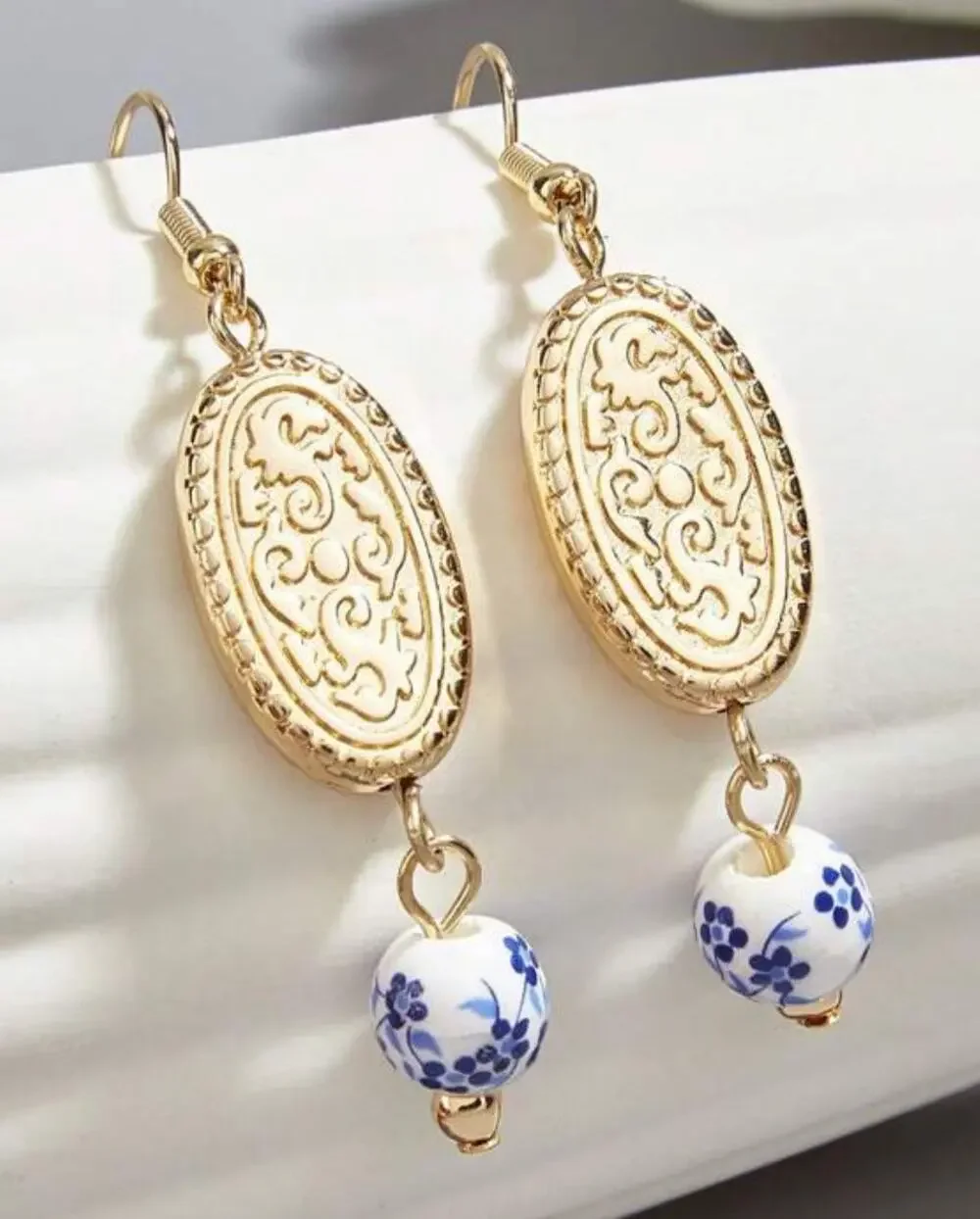 Chinoiserie Blue and White Beaded Drop Earrings